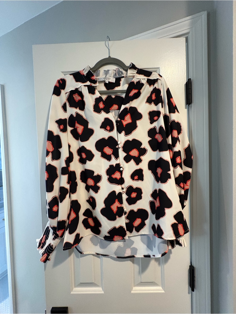 CROSBY by Mollie Burch White Blouse with Black and Coral Floral Print